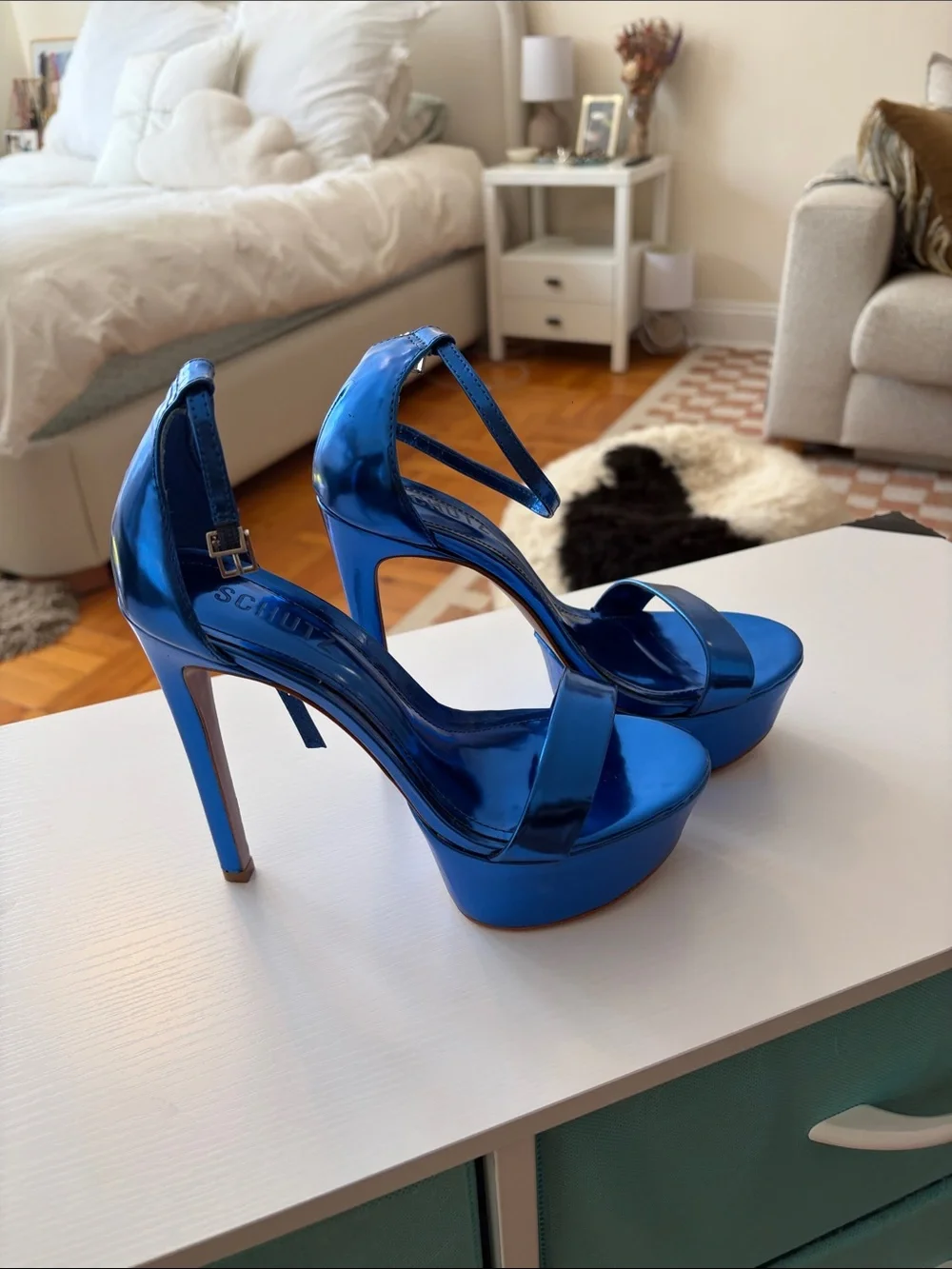 SCHUTZ Metallic Electric Blue Platform Stiletto Sandals